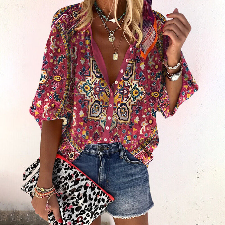 Isla | Women's Boho Print V-Neck Blouse with Bell Sleeves