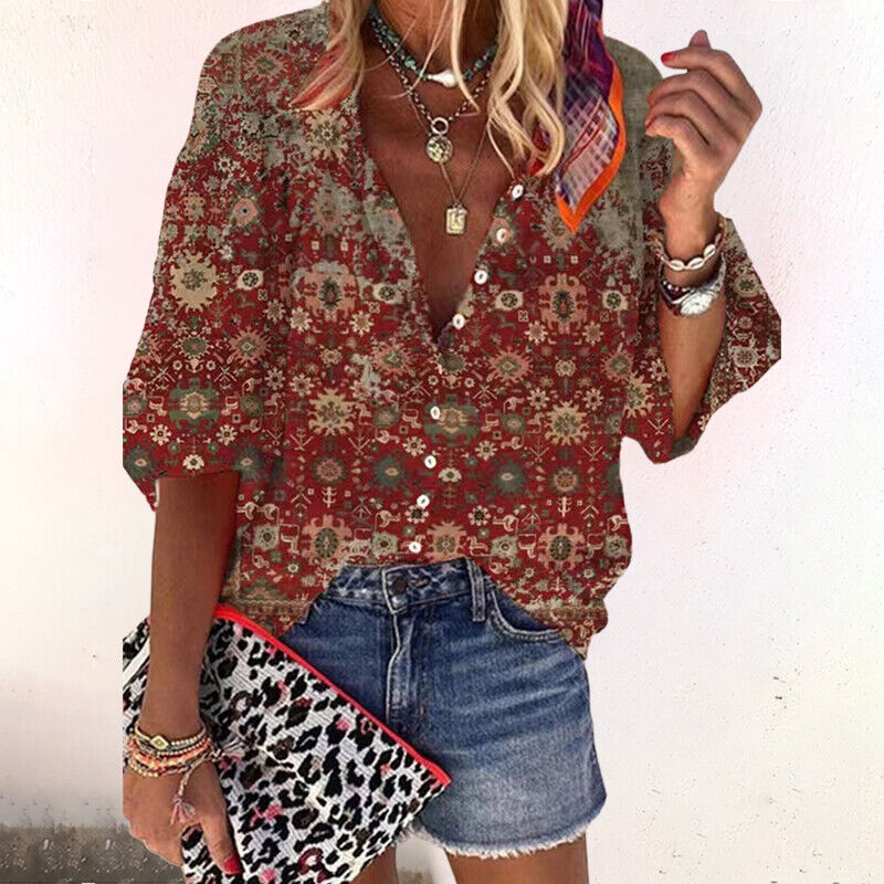 Isla | Women's Boho Print V-Neck Blouse with Bell Sleeves
