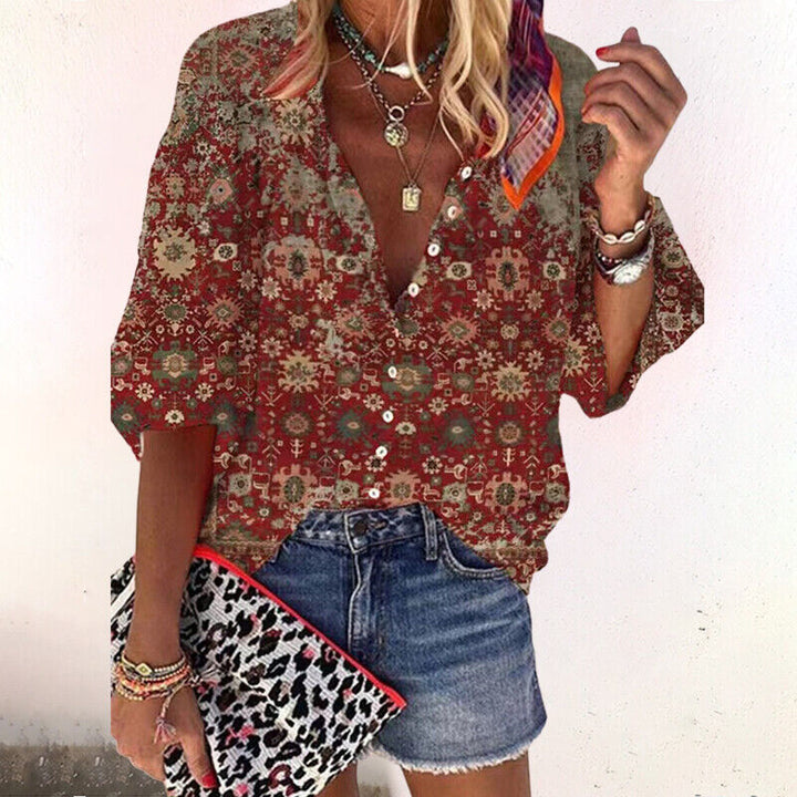 Isla | Women's Boho Print V-Neck Blouse with Bell Sleeves
