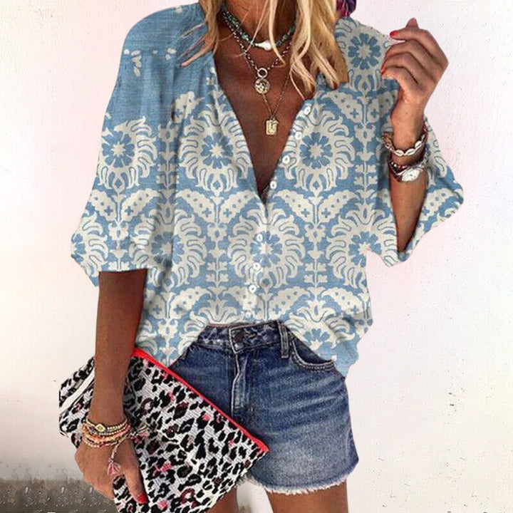 Isla | Women's Boho Print V-Neck Blouse with Bell Sleeves