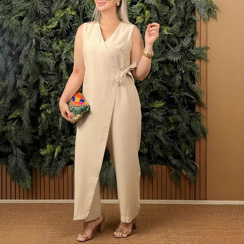 Mirabelle | Women's V-Neck Sleeveless Jumpsuit Belted Wide-Leg Casual Playsuit