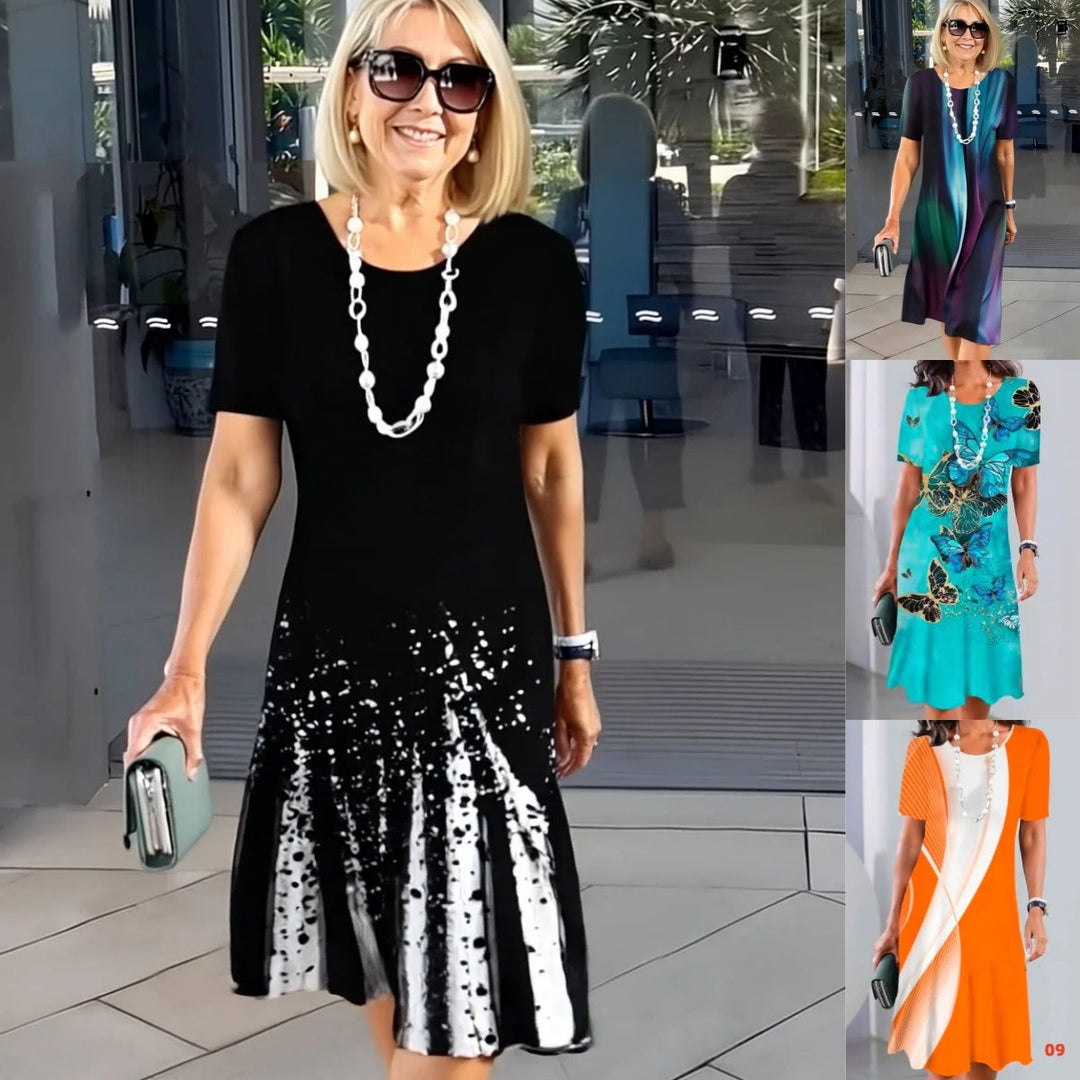 Dalia | Women's Colour Block Print Midi Dress Short Sleeve Round Neck Dress