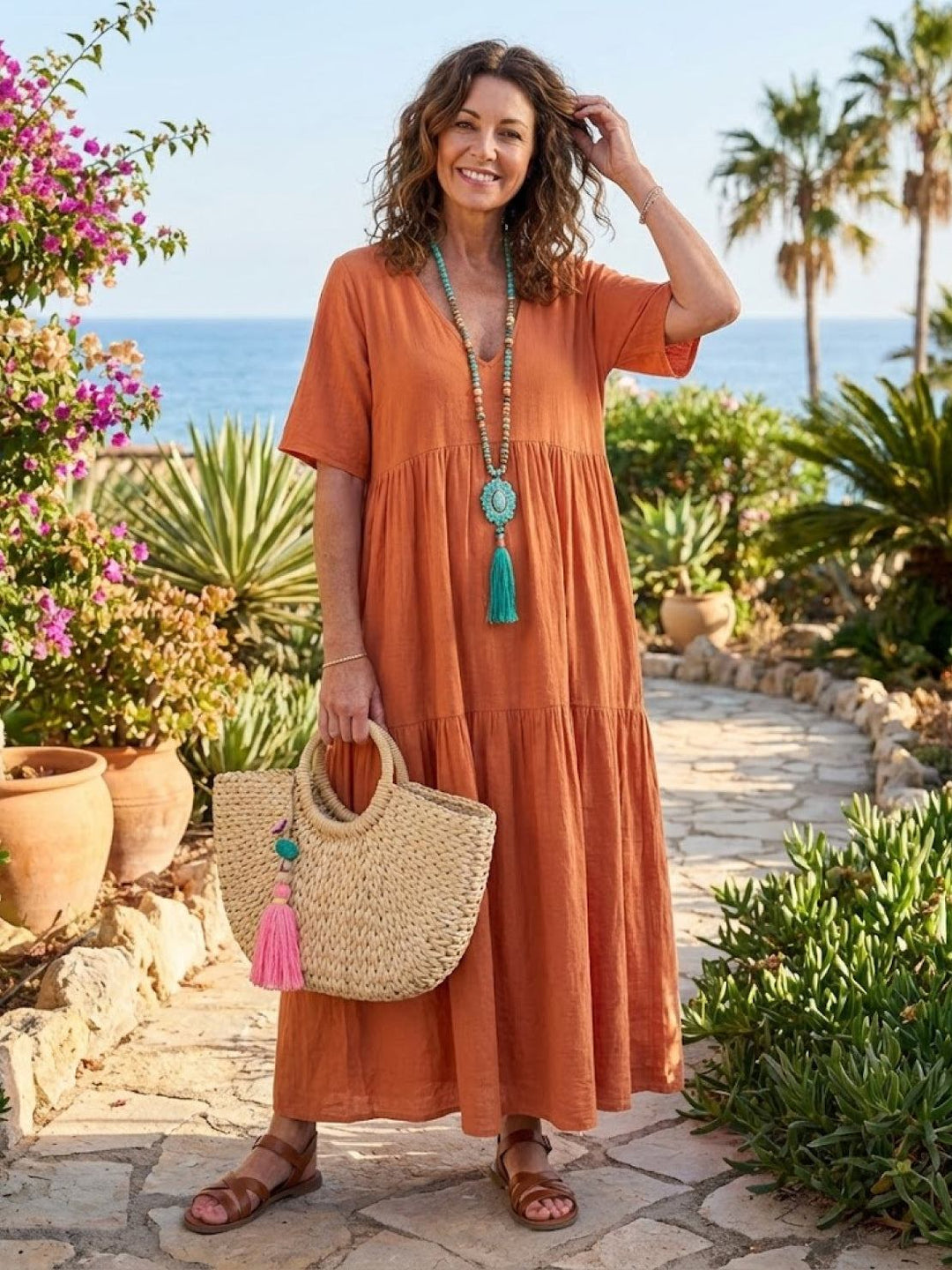 Willow | Women's V-Neck Tiered Maxi Dress Short Sleeve Swing