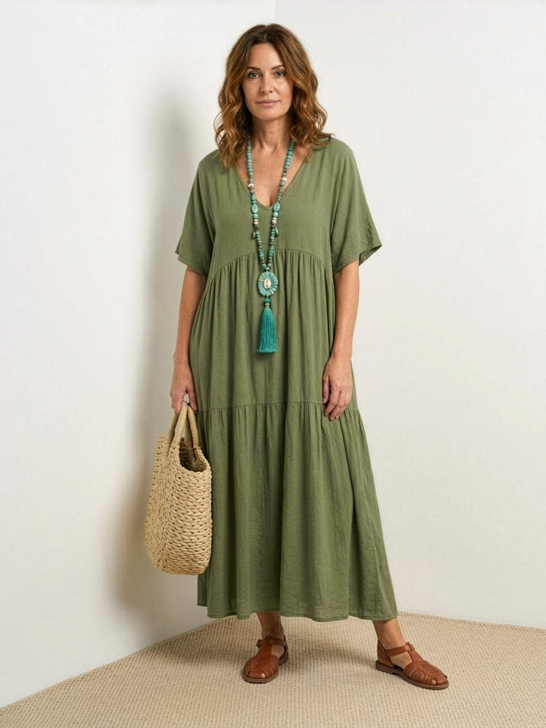 Willow | Women's V-Neck Tiered Maxi Dress Short Sleeve Swing