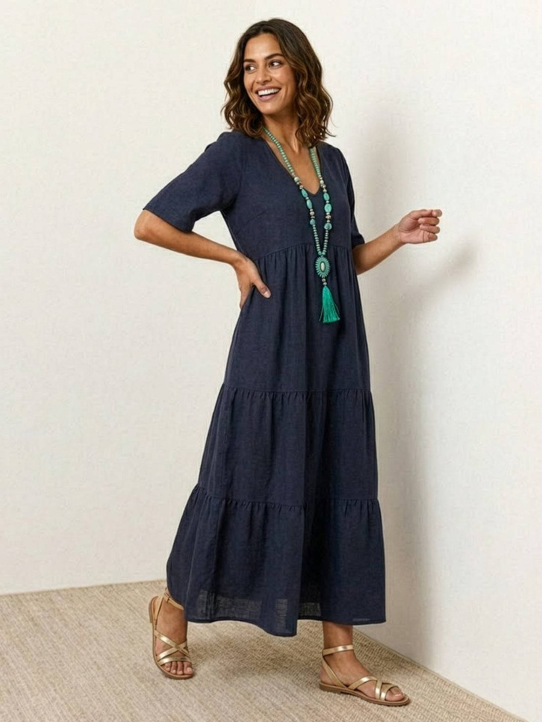 Willow | Women's V-Neck Tiered Maxi Dress Short Sleeve Swing
