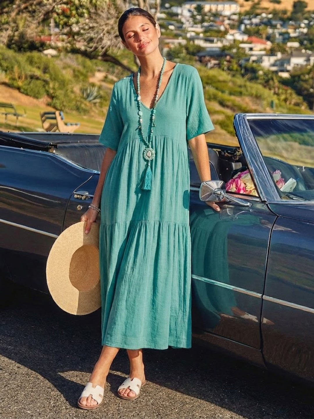 Willow | Women's V-Neck Tiered Maxi Dress Short Sleeve Swing