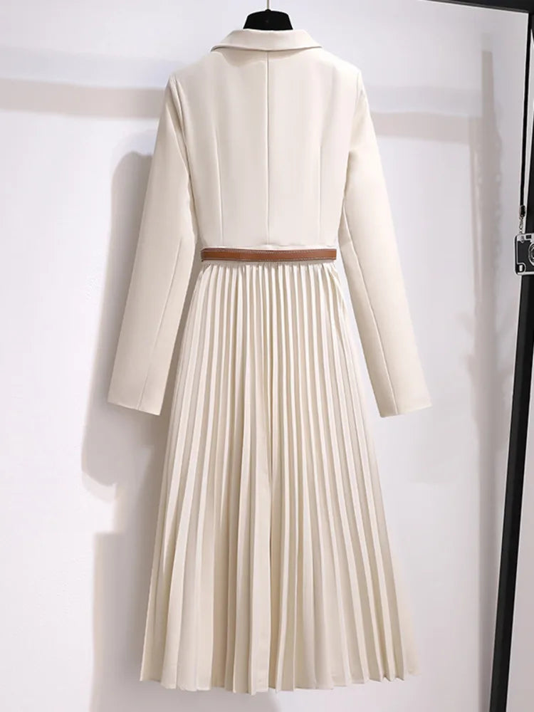 Xanthe | Women's Pleated Belted Long Sleeve Midi Dress